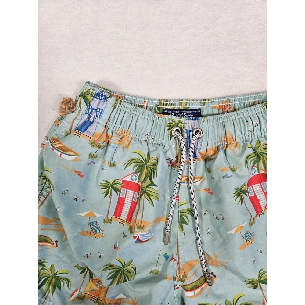 Azul Siete Men's Cyan Blue Print Swim Trunks Shorts Small S Palm‎ Tree Beach